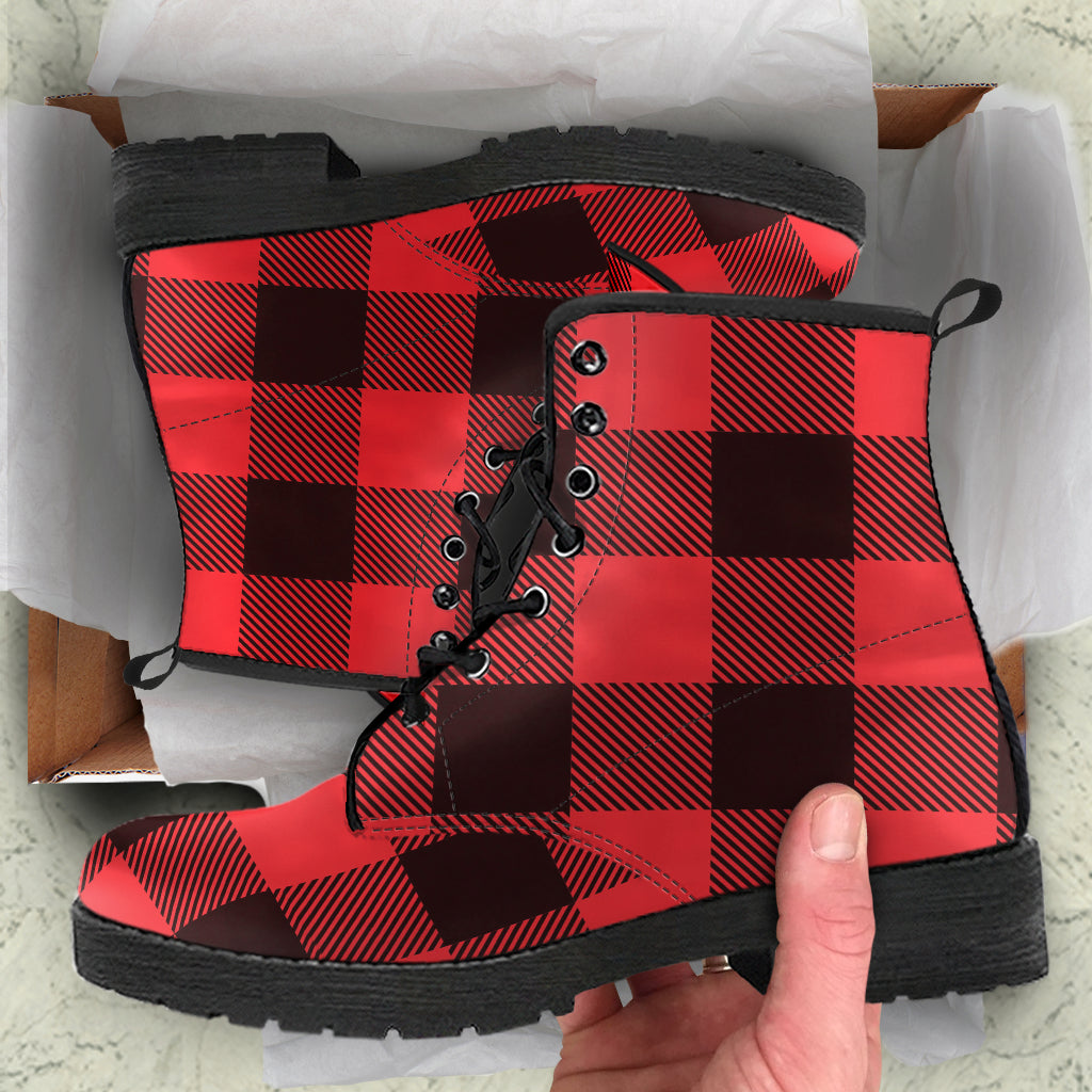 Combat Boots - Black & Red Plaid Boots | Red Boots Handmade