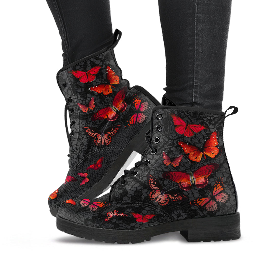 Combat Boots - Butterfly Shoes #112 Red | Custom Shoes