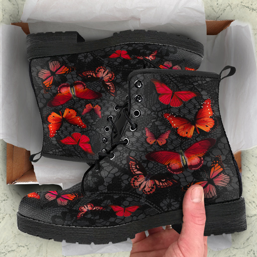 Combat Boots - Butterfly Shoes #112 Red | Custom Shoes