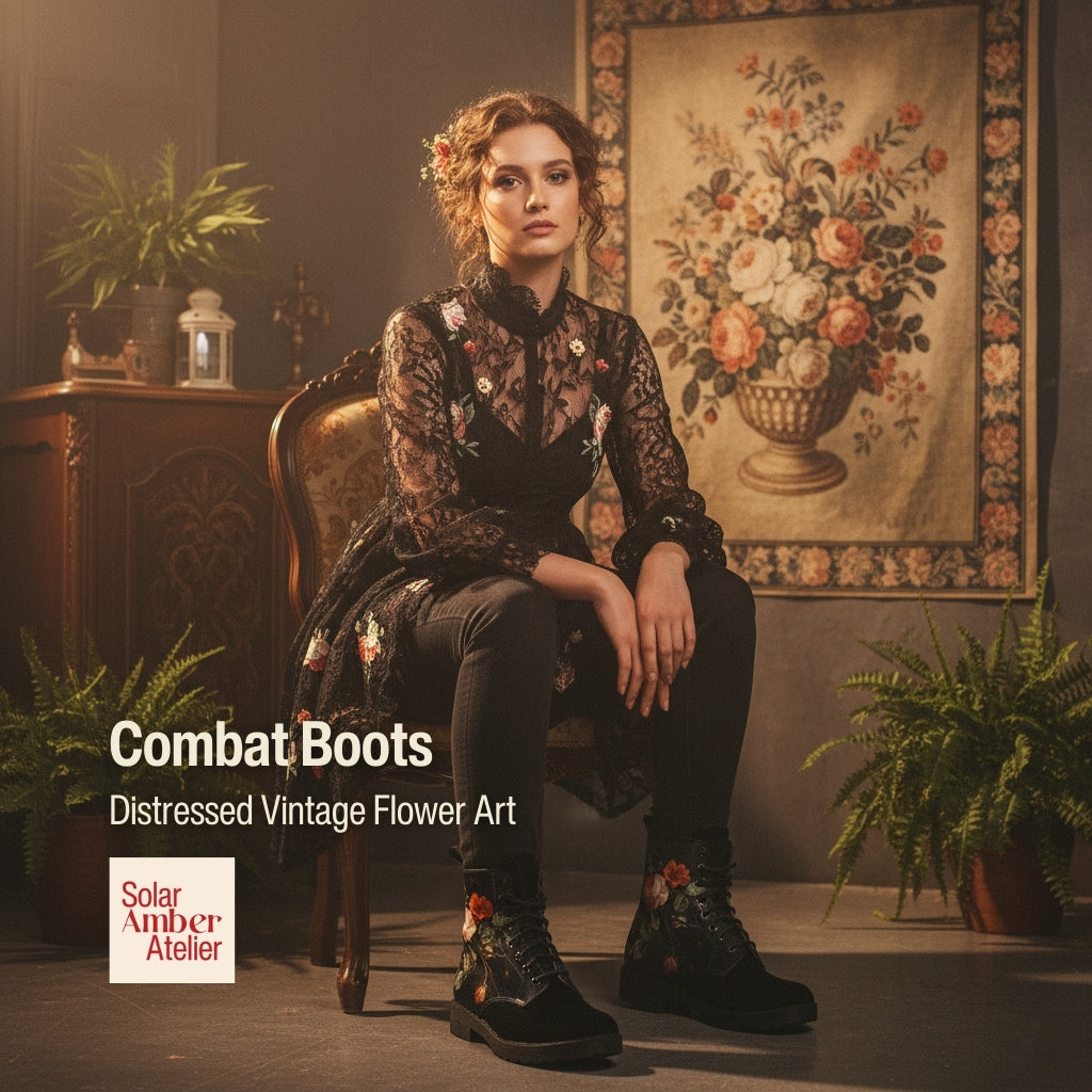 Combat Boots - Distressed Vintage Flower Art | Boho Shoes