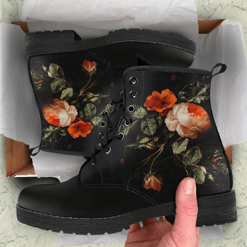 Combat Boots - Distressed Vintage Flower Art | Boho Shoes