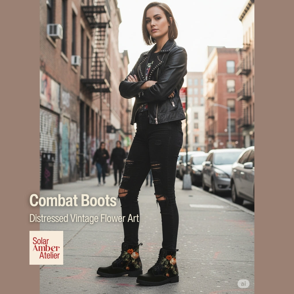 Combat Boots - Distressed Vintage Flower Art | Boho Shoes