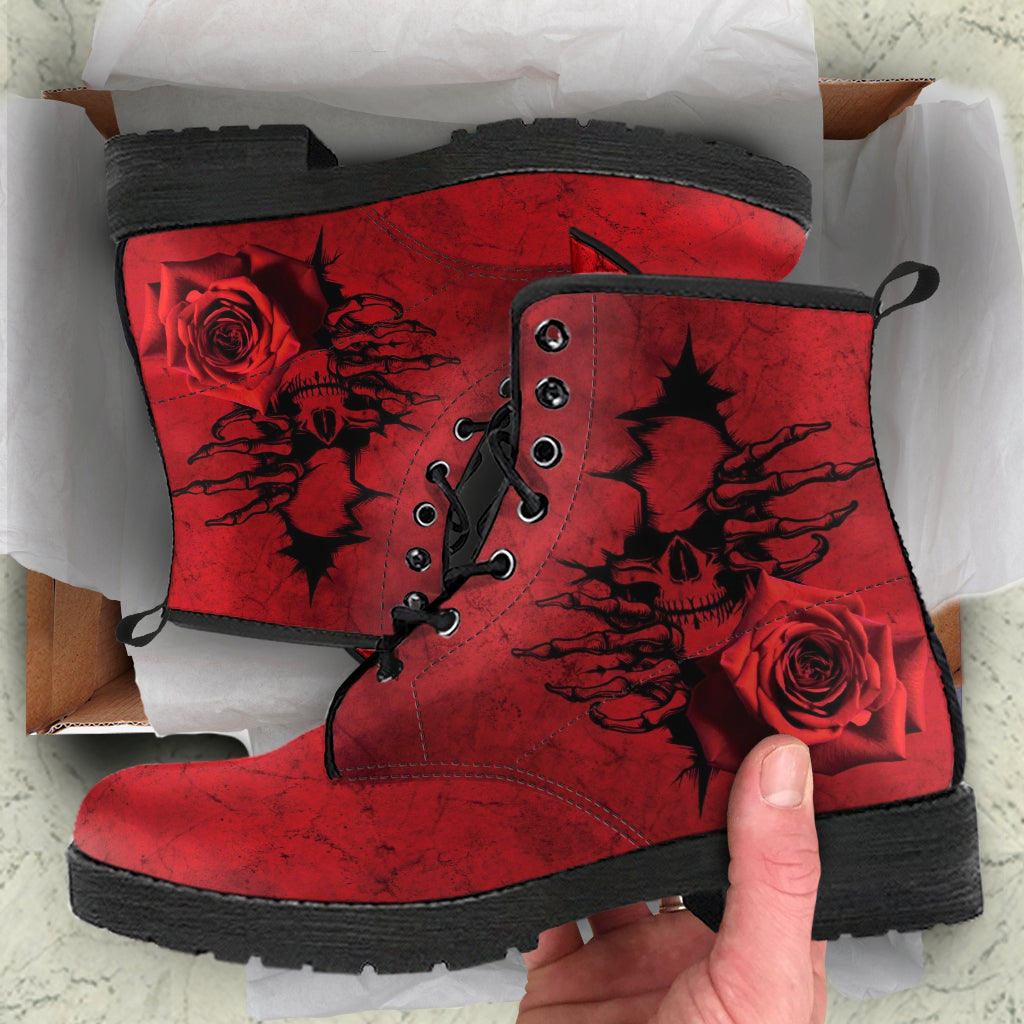 Combat Boots - Goth Shoes #102 Skulls & Roses Grunge Red
