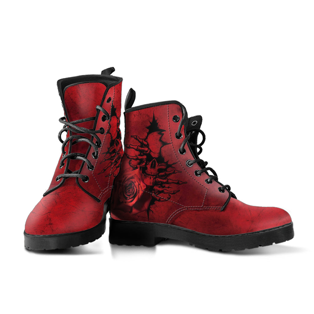 Combat Boots - Goth Shoes #102 Skulls & Roses Grunge Red