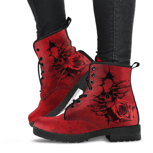 Combat Boots - Goth Shoes #102 Skulls & Roses Grunge Red