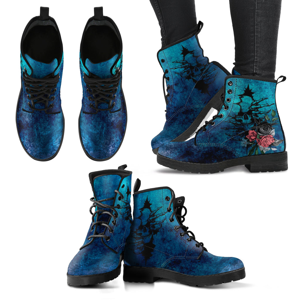 Combat Boots - Goth Shoes #103 Skulls & Flowers Grunge Blue
