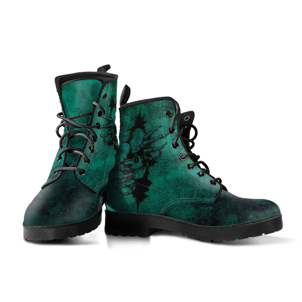 Combat Boots - Goth Shoes #104 Skulls Grunge Green | Vegan