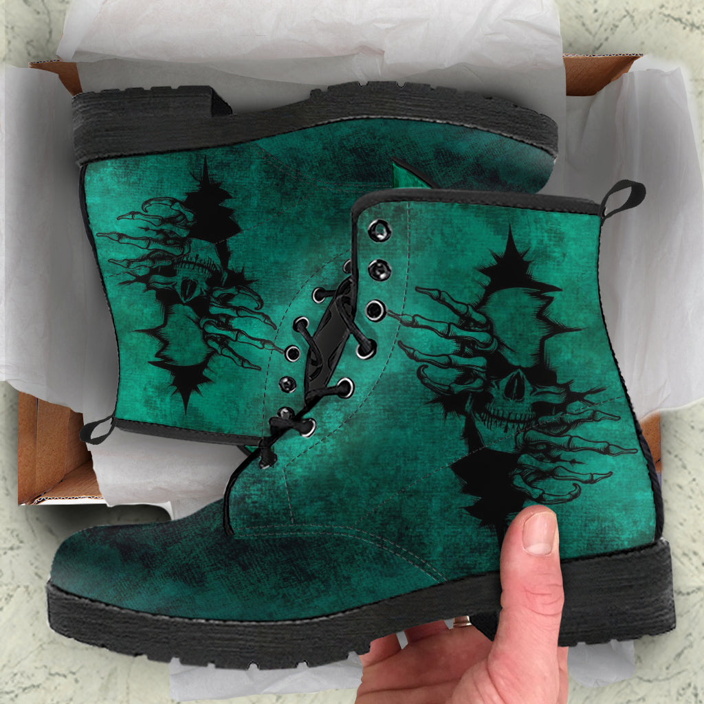Combat Boots - Goth Shoes #104 Skulls Grunge Green | Vegan