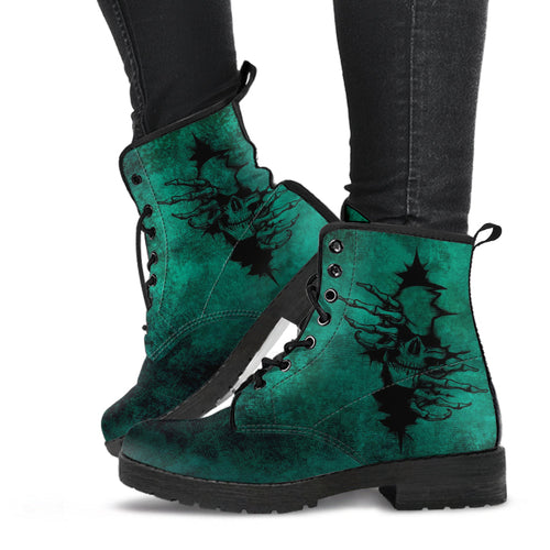 Combat Boots - Goth Shoes #104 Skulls Grunge Green | Vegan