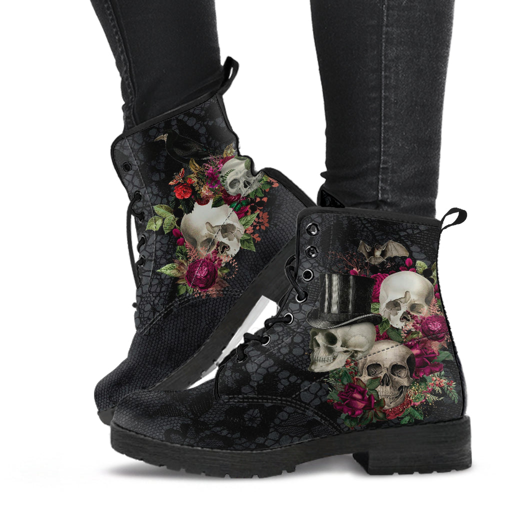 Combat Boots - Goth Shoes #106 Skulls & Roses Black Gothic