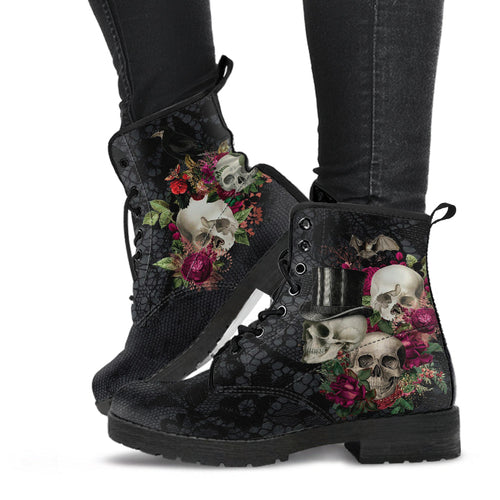 Combat Boots - Goth Shoes #106 Skulls & Roses Black Gothic