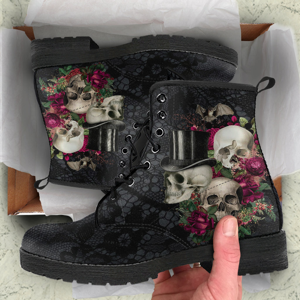 Combat Boots - Goth Shoes #106 Skulls & Roses Black Gothic