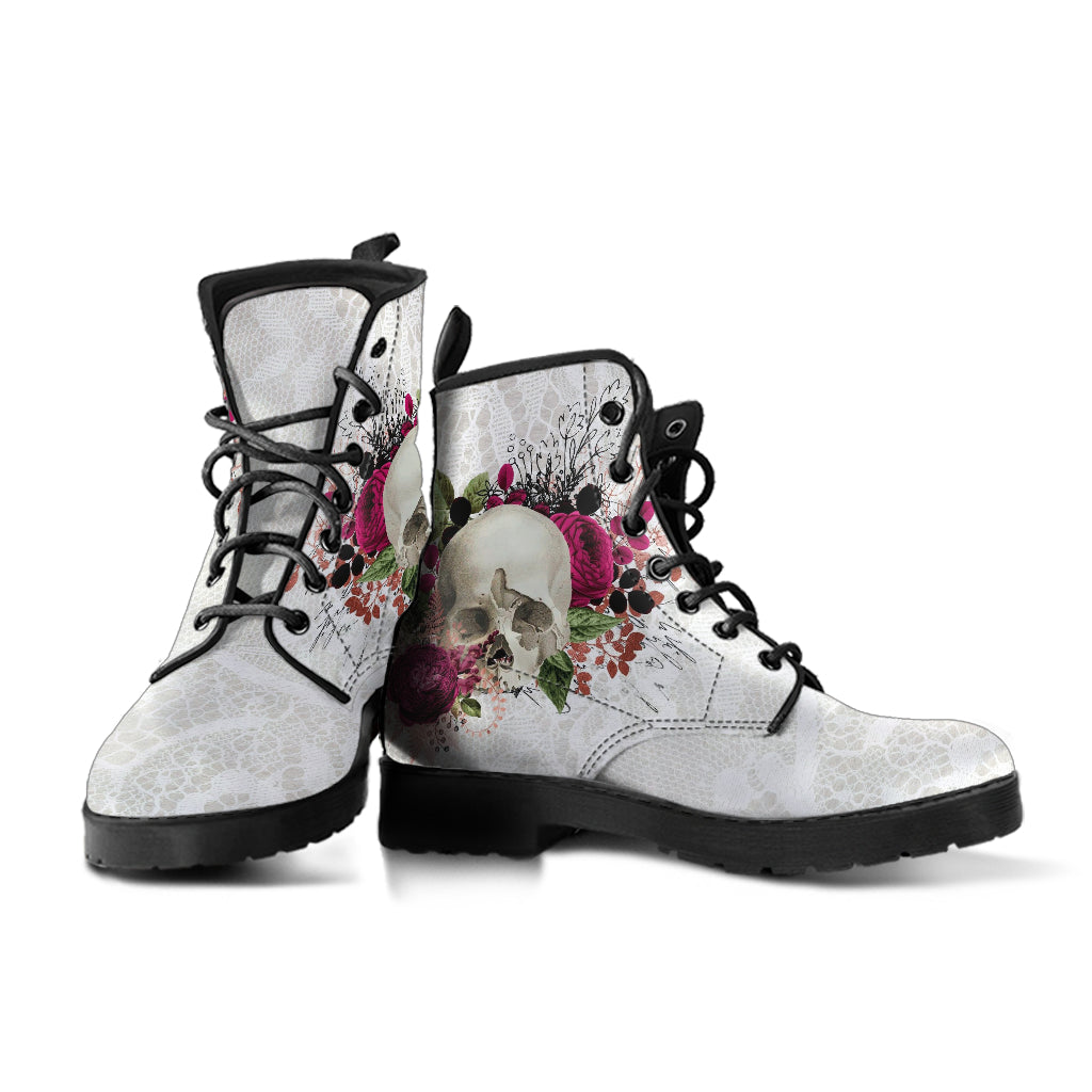 Combat Boots - Goth Shoes #108 Skulls & Roses White Gothic