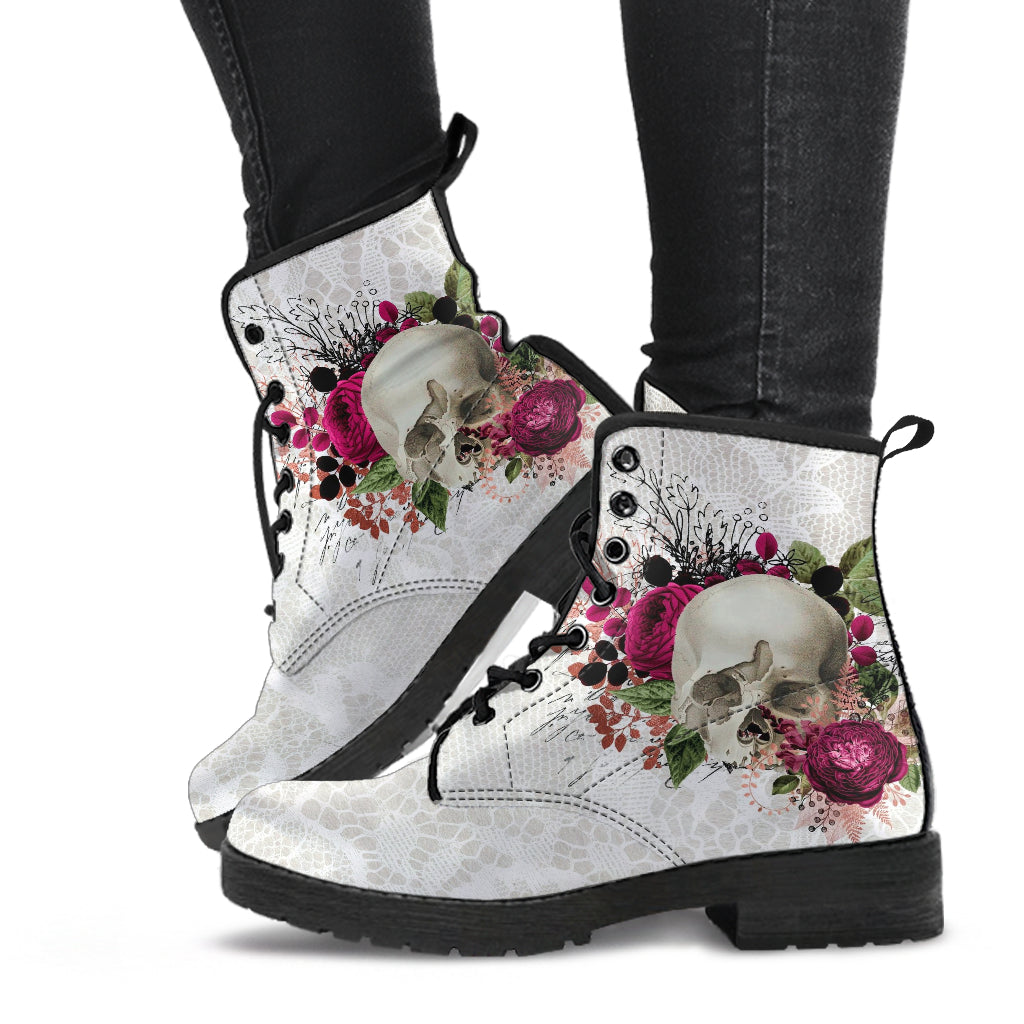 Combat Boots - Goth Shoes #108 Skulls & Roses White Gothic