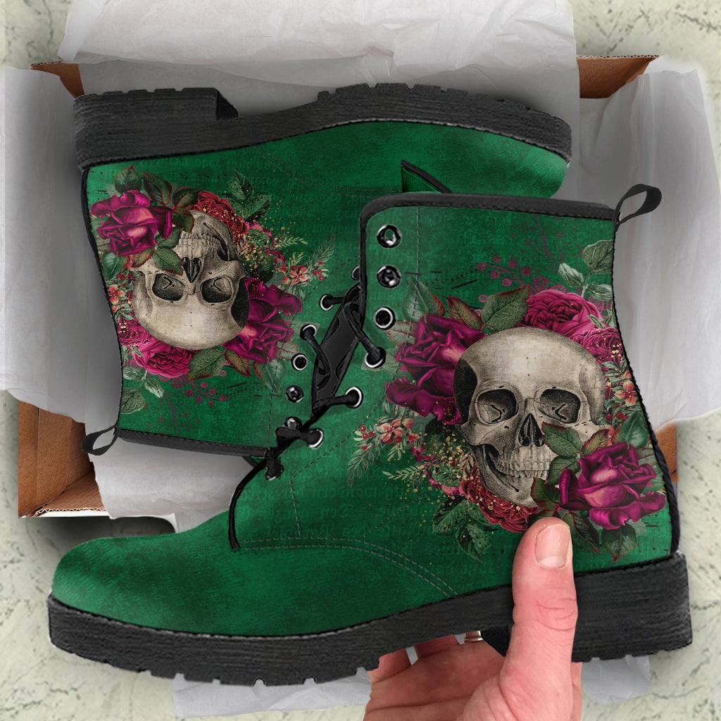 Combat Boots - Goth Shoes #110 Skulls & Roses Grunge Green