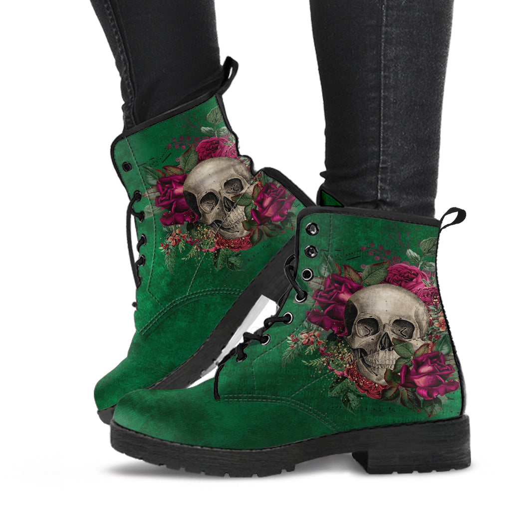Combat Boots - Goth Shoes #110 Skulls & Roses Grunge Green