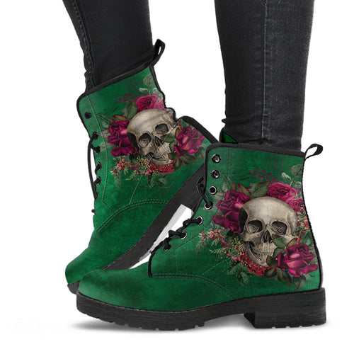 Combat Boots - Goth Shoes #110 Skulls & Roses Grunge Green