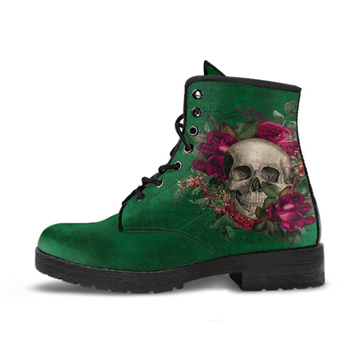 Combat Boots - Goth Shoes #110 Skulls & Roses Grunge Green