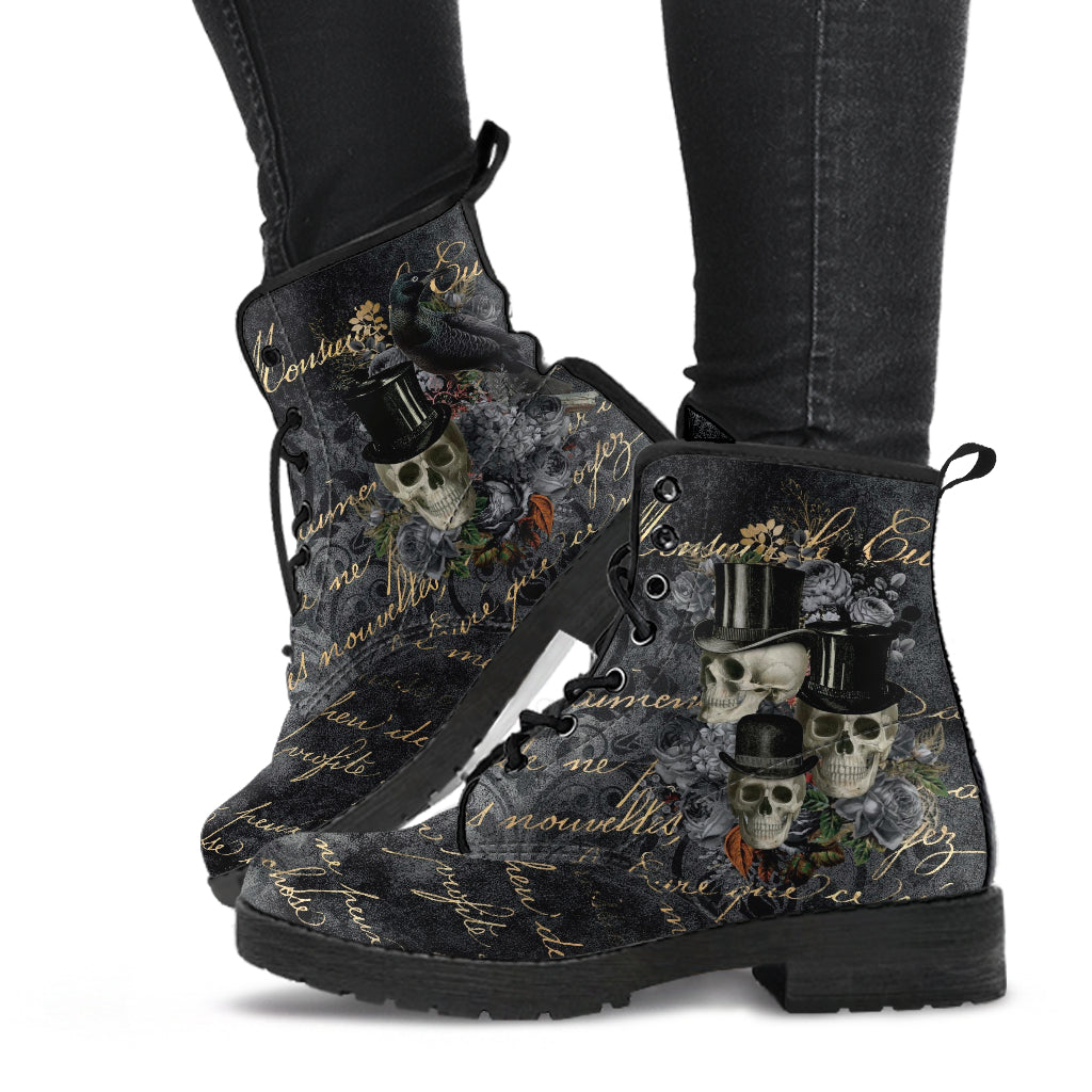 Combat Boots - Goth Shoes #112 Skulls & Roses Grunge Gray