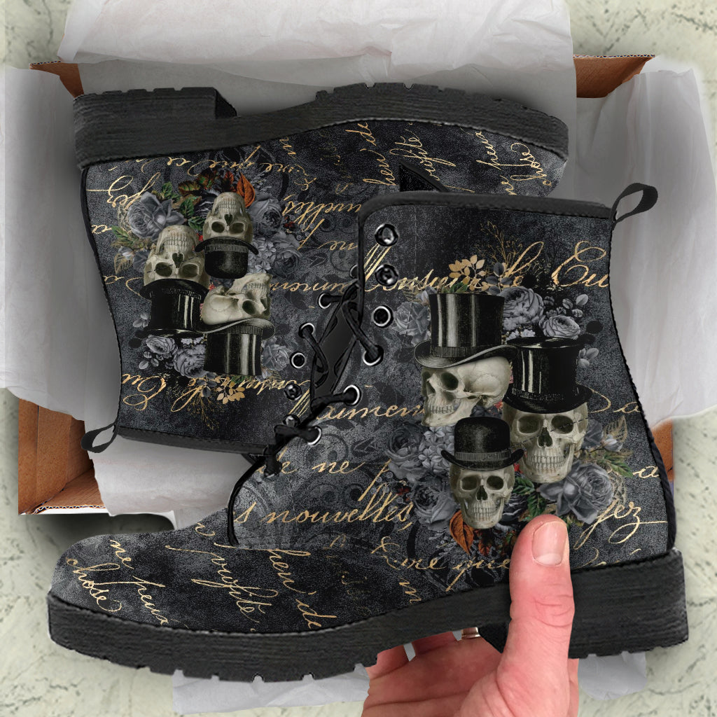 Combat Boots - Goth Shoes #112 Skulls & Roses Grunge Gray