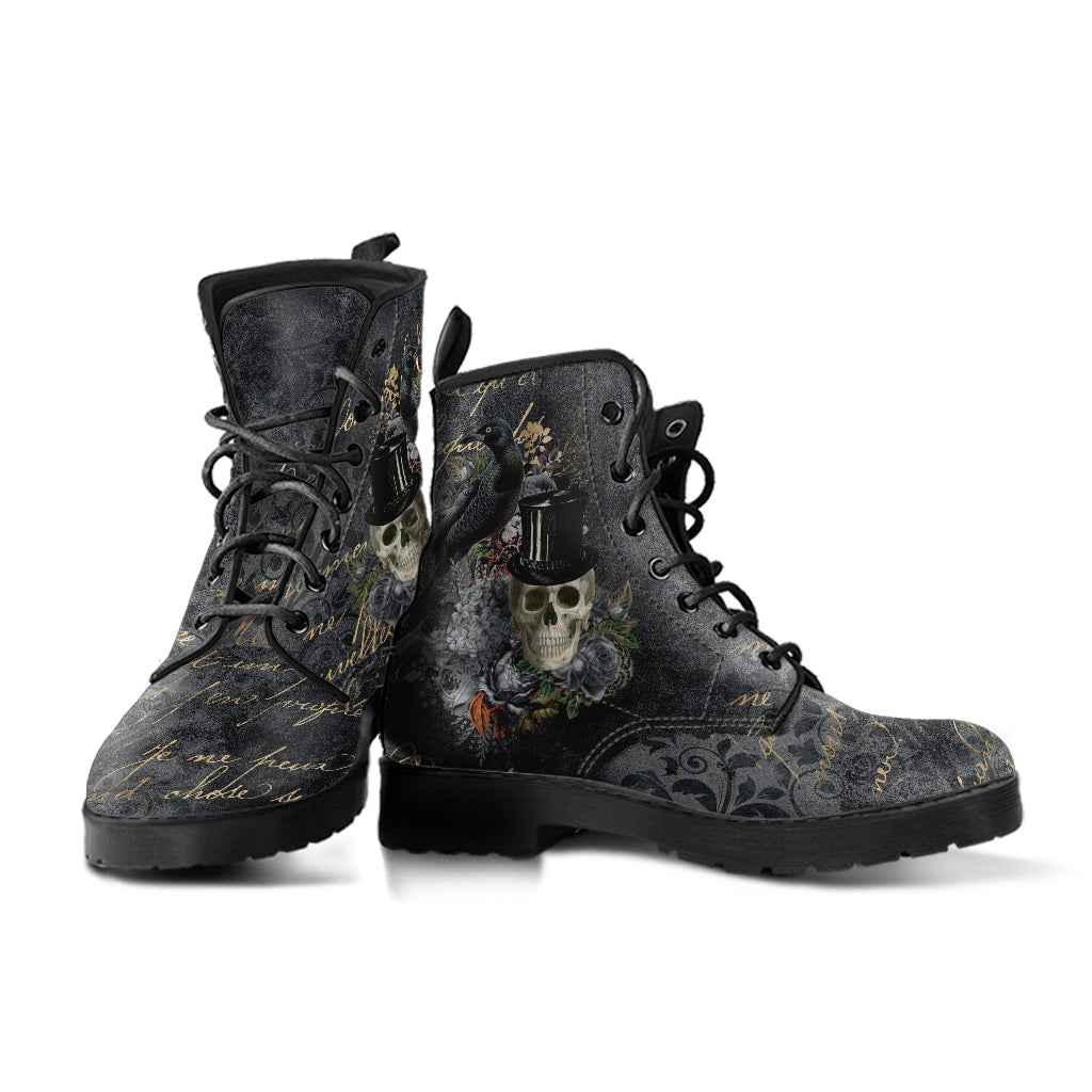Combat Boots - Goth Shoes #112 Skulls & Roses Grunge Gray