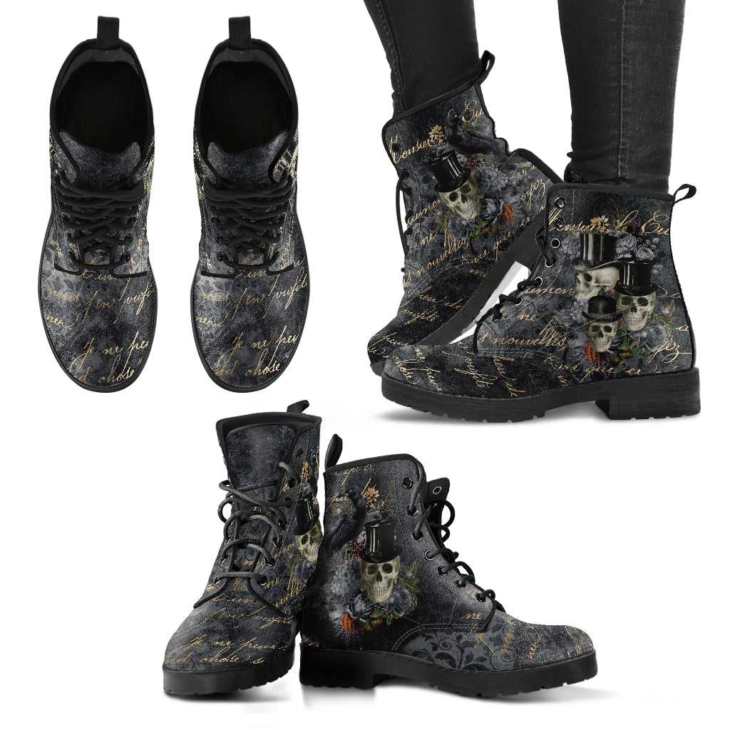 Combat Boots - Goth Shoes #112 Skulls & Roses Grunge Gray