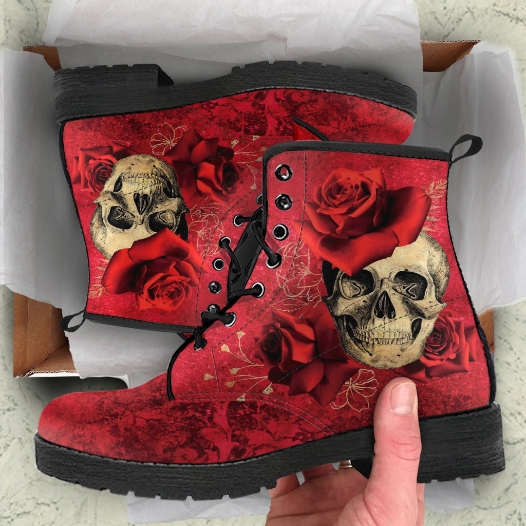 Combat Boots - Goth Shoes #301 Skulls & Roses Grunge Red