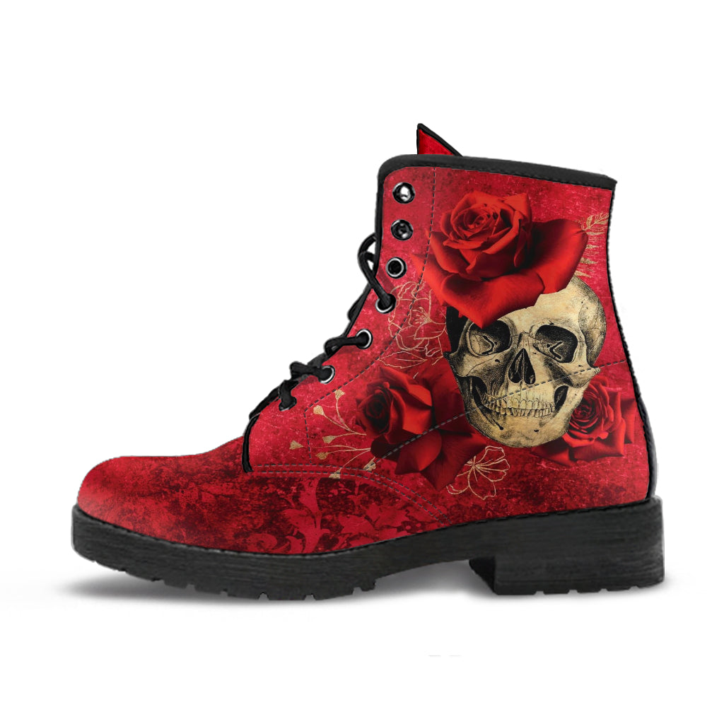 Combat Boots - Goth Shoes #301 Skulls & Roses Grunge Red