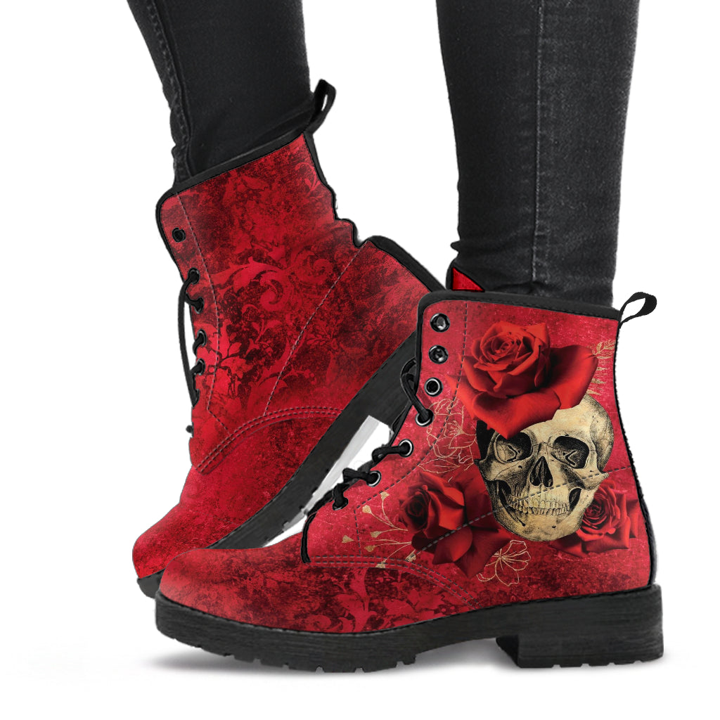 Combat Boots - Goth Shoes #301 Skulls & Roses Grunge Red