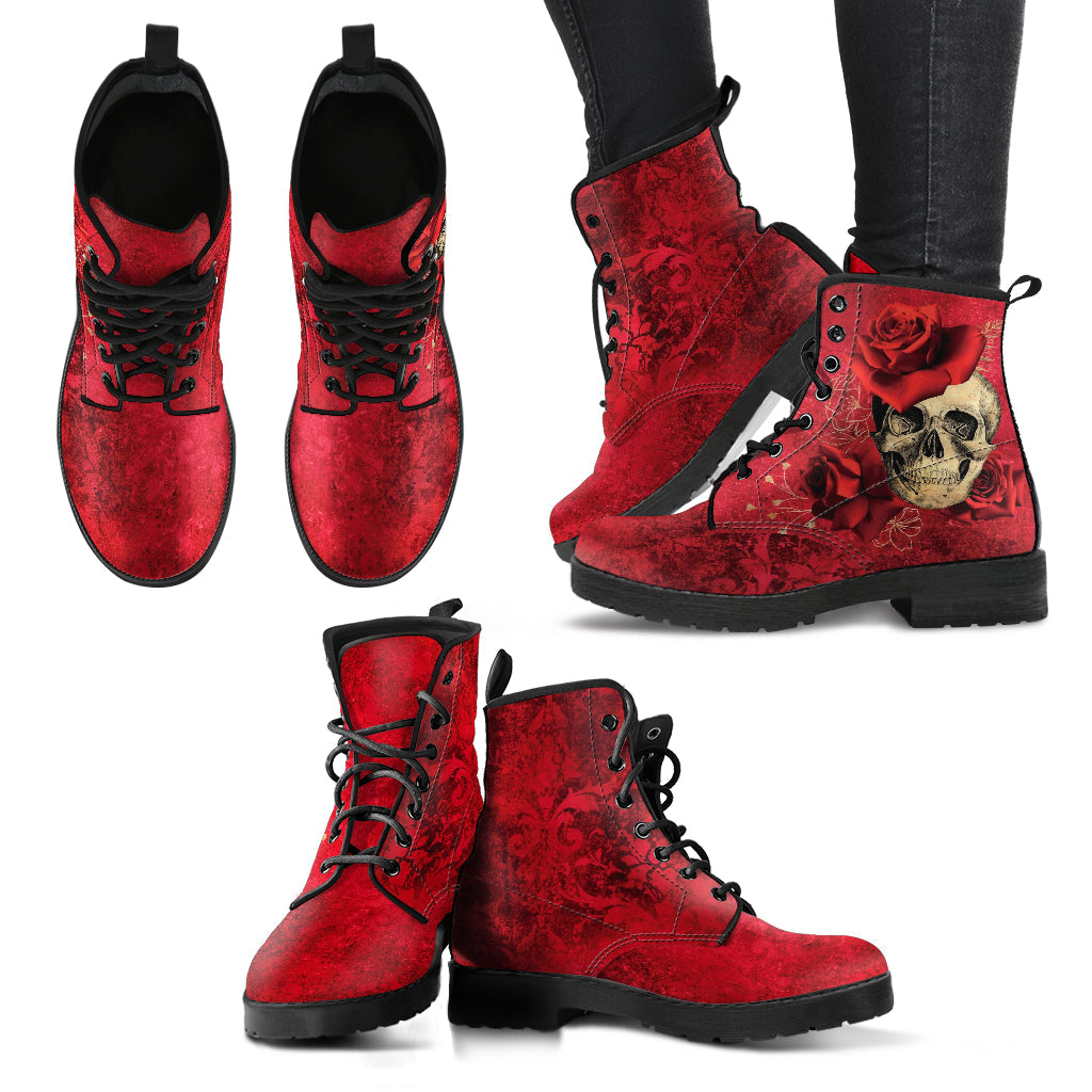 Combat Boots - Goth Shoes #301 Skulls & Roses Grunge Red
