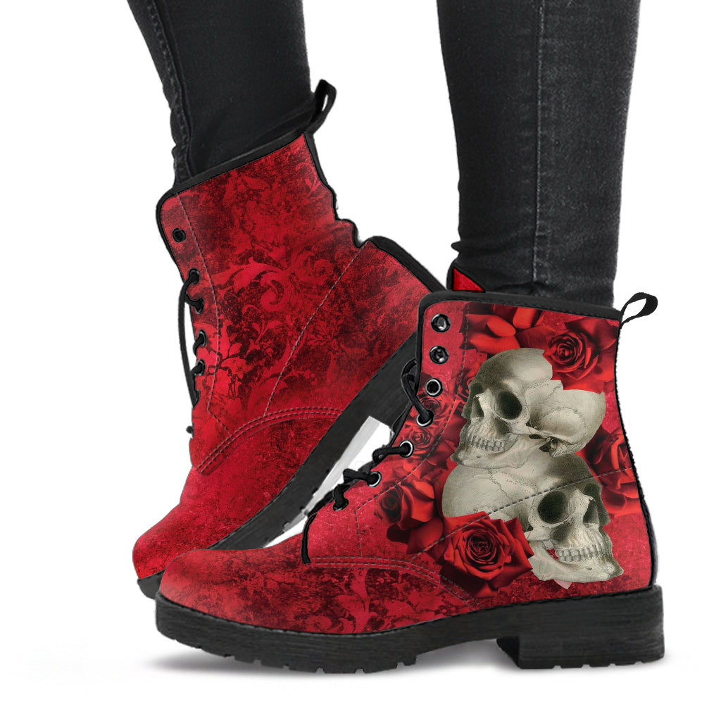 Combat Boots - Goth Shoes #302 Skulls & Roses Grunge Red