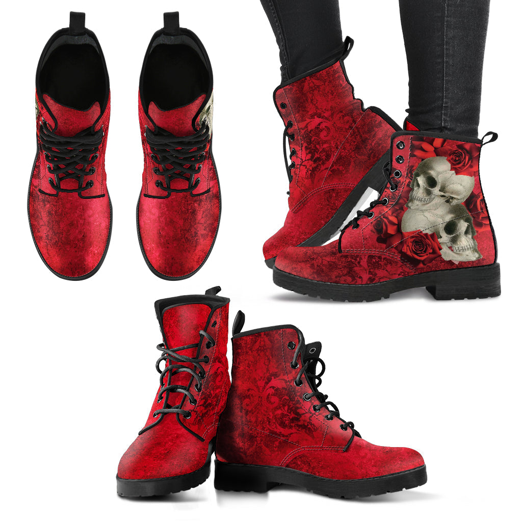Combat Boots - Goth Shoes #302 Skulls & Roses Grunge Red
