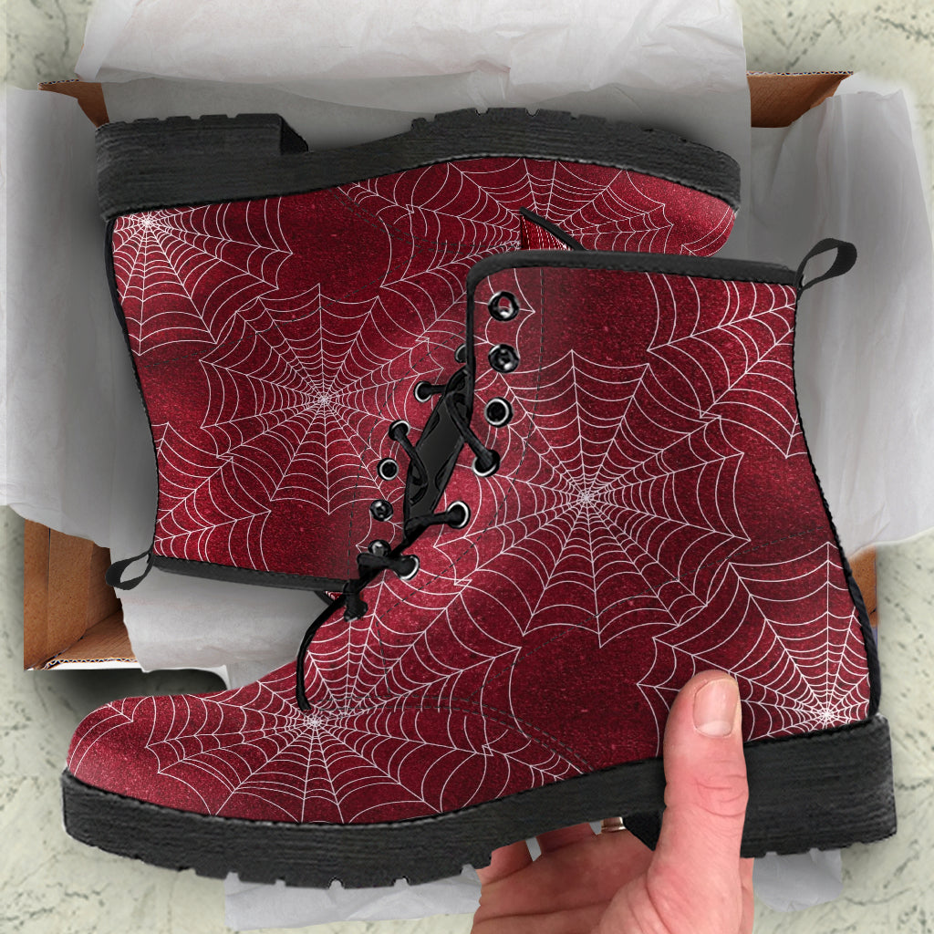 Combat Boots - Goth Shoes #72 Red Spiderweb Boots | Vegan