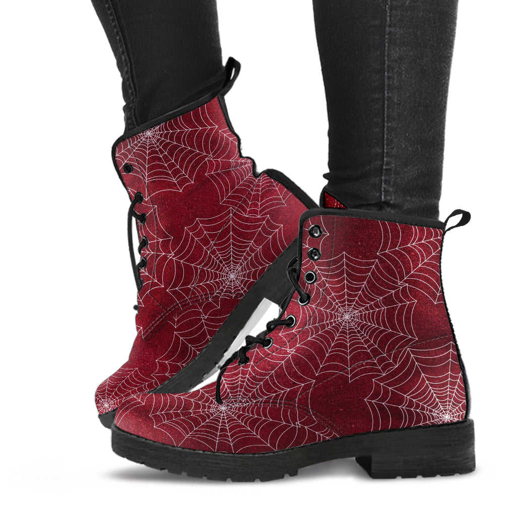 Combat Boots - Goth Shoes #72 Red Spiderweb Boots | Vegan