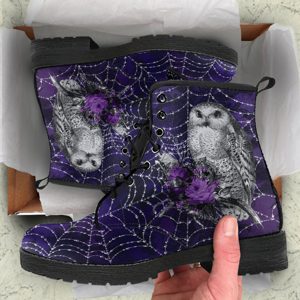 Combat Boots - Gothic Spiderweb Owls Handmade Lace Up Boots