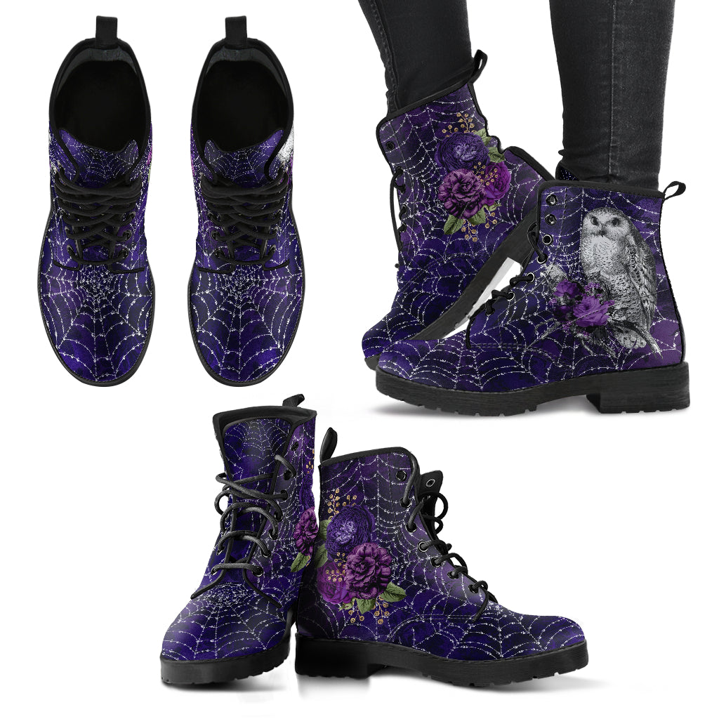 Combat Boots - Gothic Spiderweb Owls Handmade Lace Up Boots