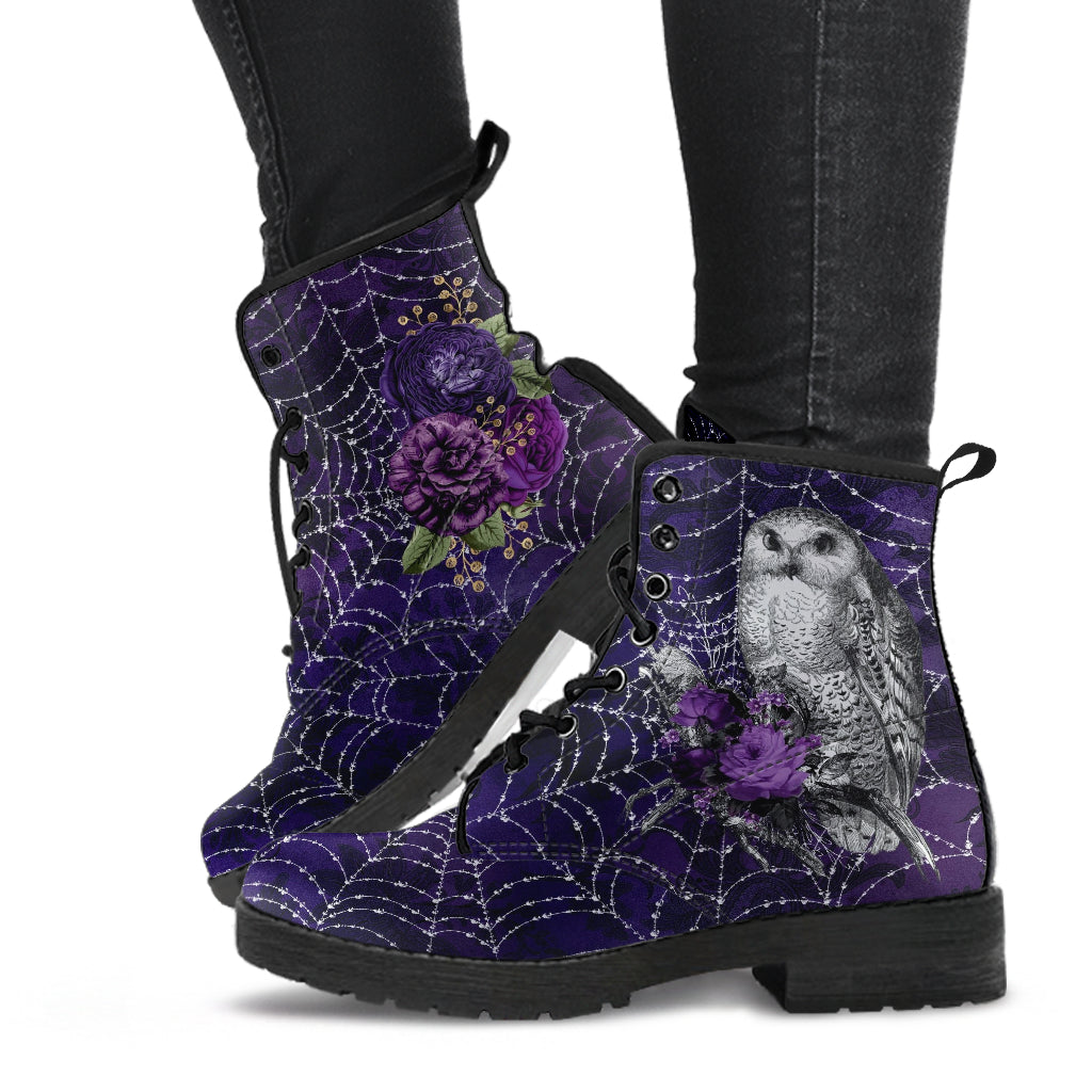 Combat Boots - Gothic Spiderweb Owls Handmade Lace Up Boots
