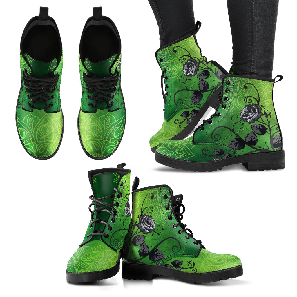 Combat Boots - Gray Roses Green Mandala Green Boots