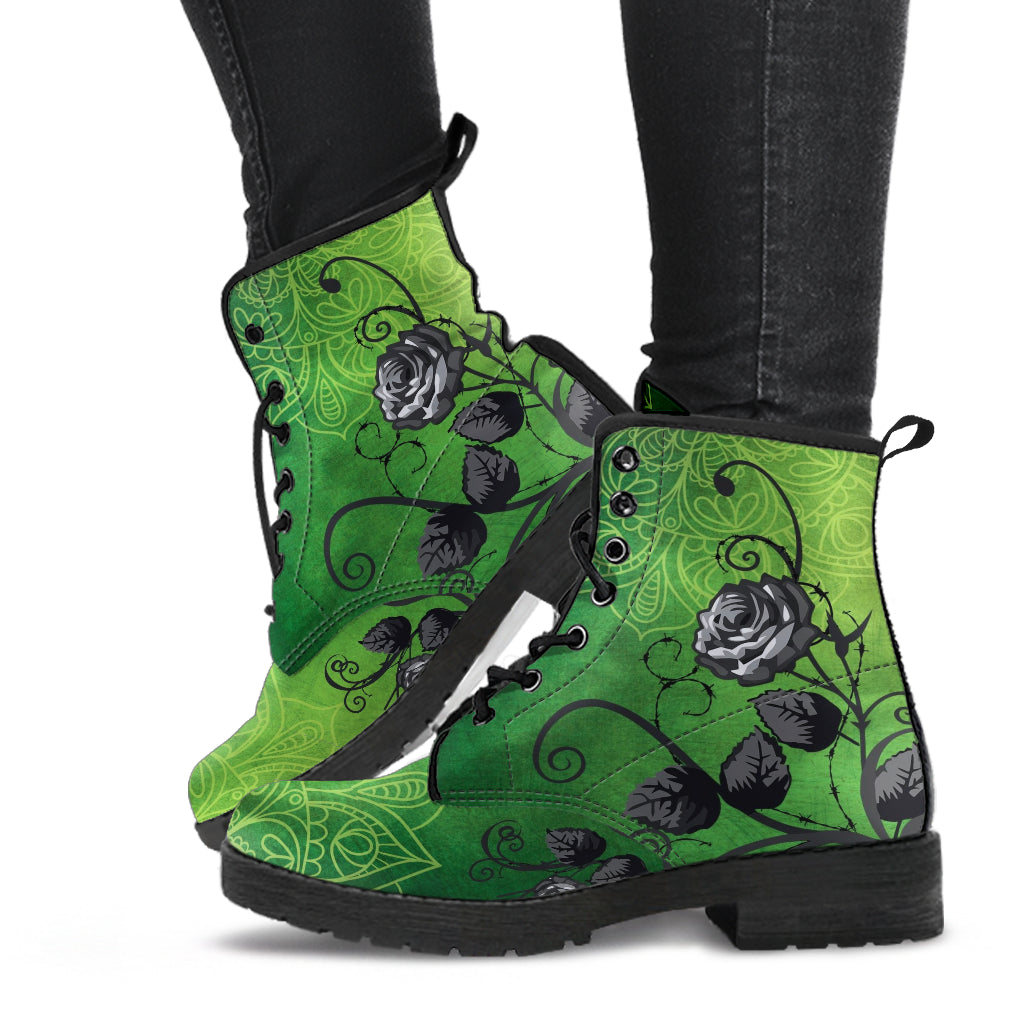 Combat Boots - Gray Roses Green Mandala Green Boots