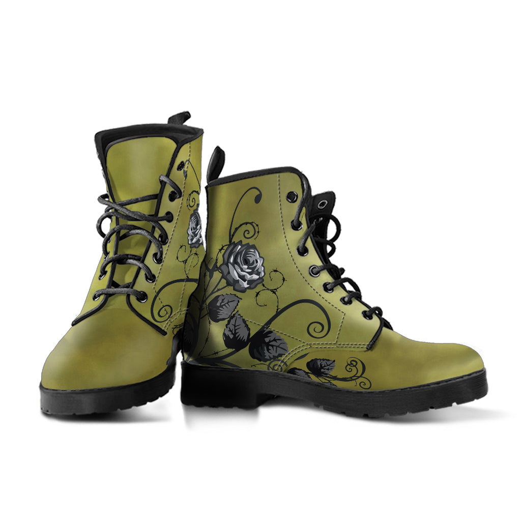 Combat Boots - Gray Roses Smoky Green Grunge | Cruelty-free
