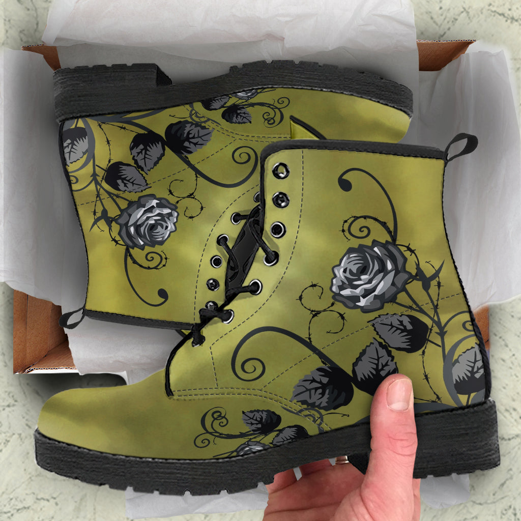 Combat Boots - Gray Roses Smoky Green Grunge | Cruelty-free