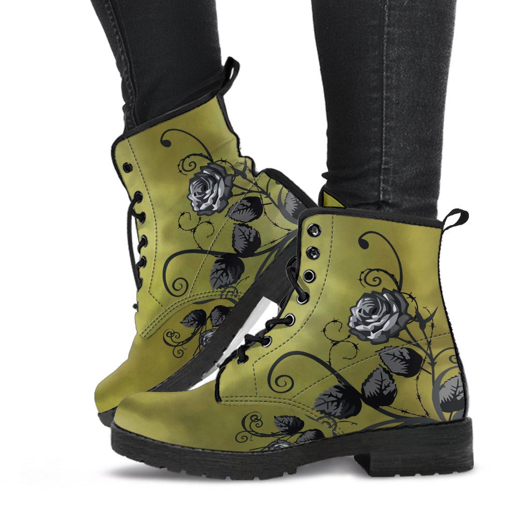 Combat Boots - Gray Roses Smoky Green Grunge | Cruelty-free