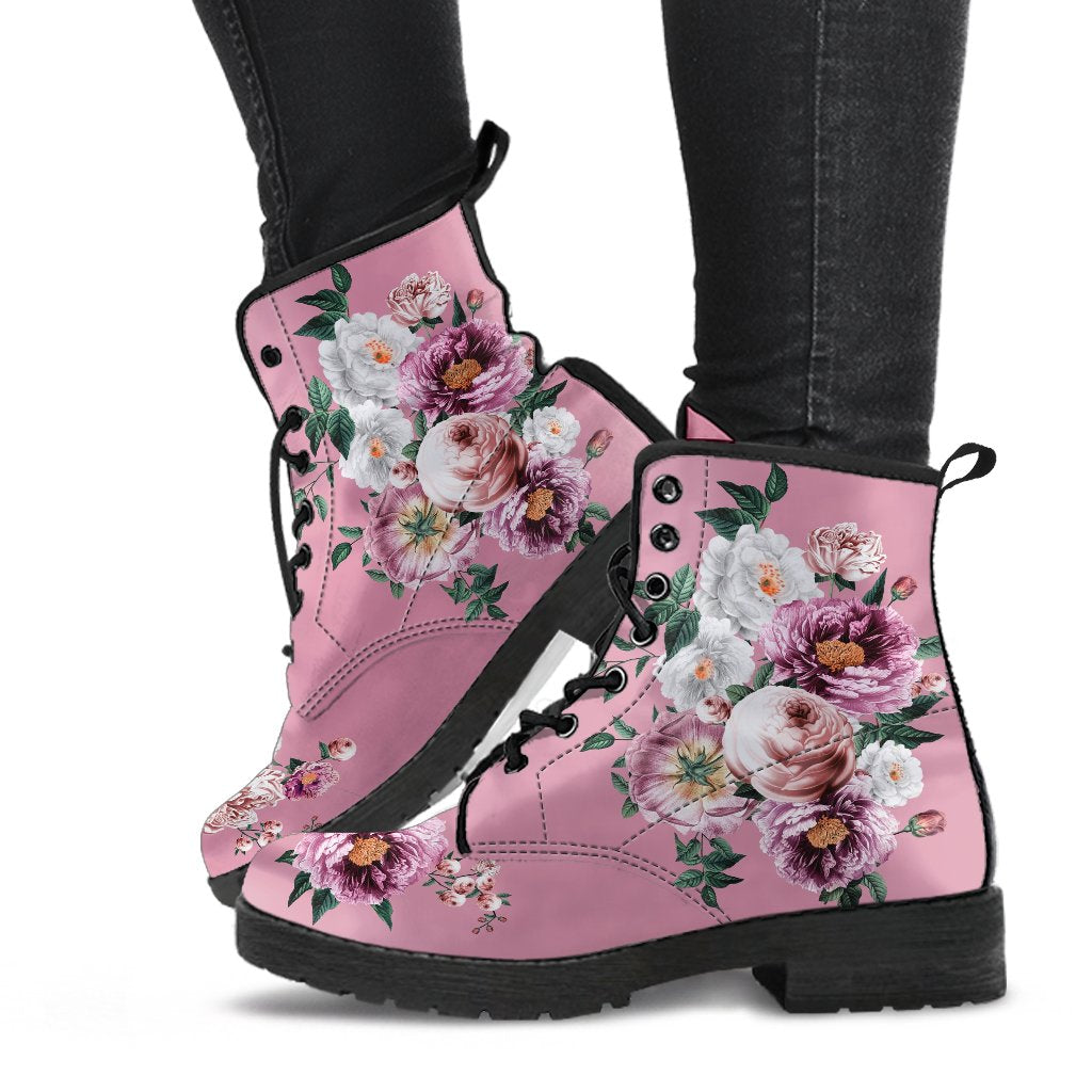 Combat Boots - Pink & White Flowers (Pink) | Blush Pink