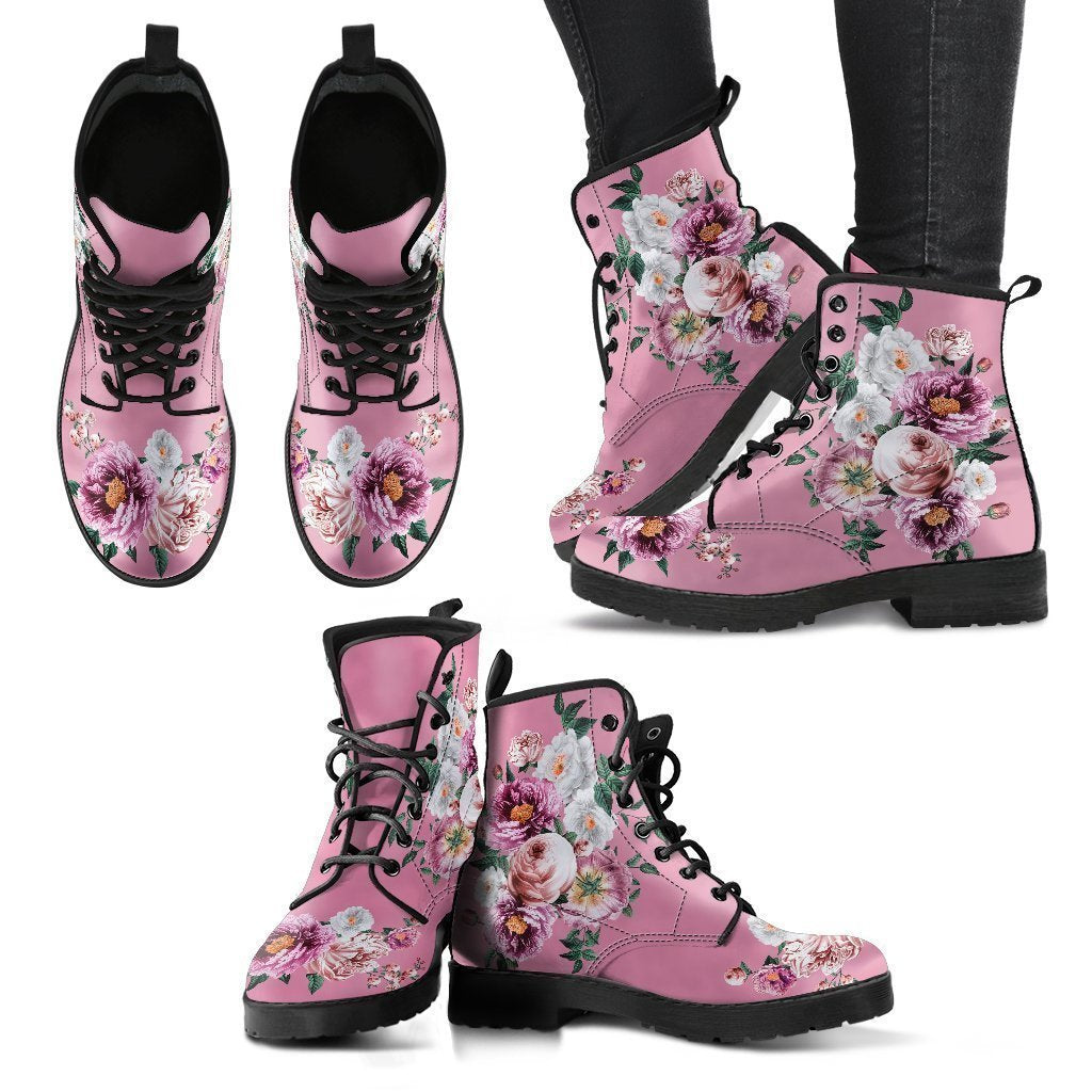 Combat Boots - Pink & White Flowers (Pink) | Blush Pink