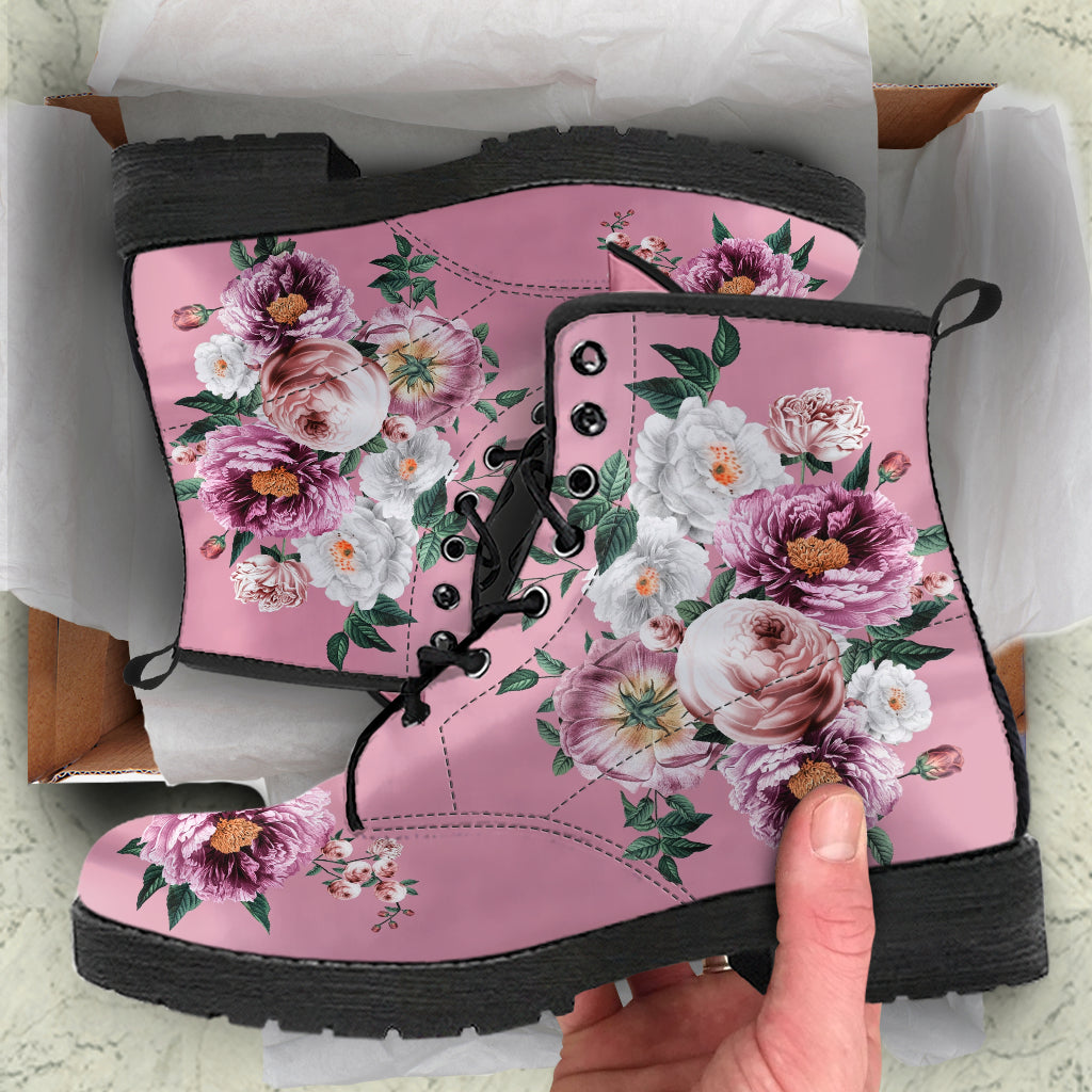 Combat Boots - Pink & White Flowers (Pink) | Blush Pink