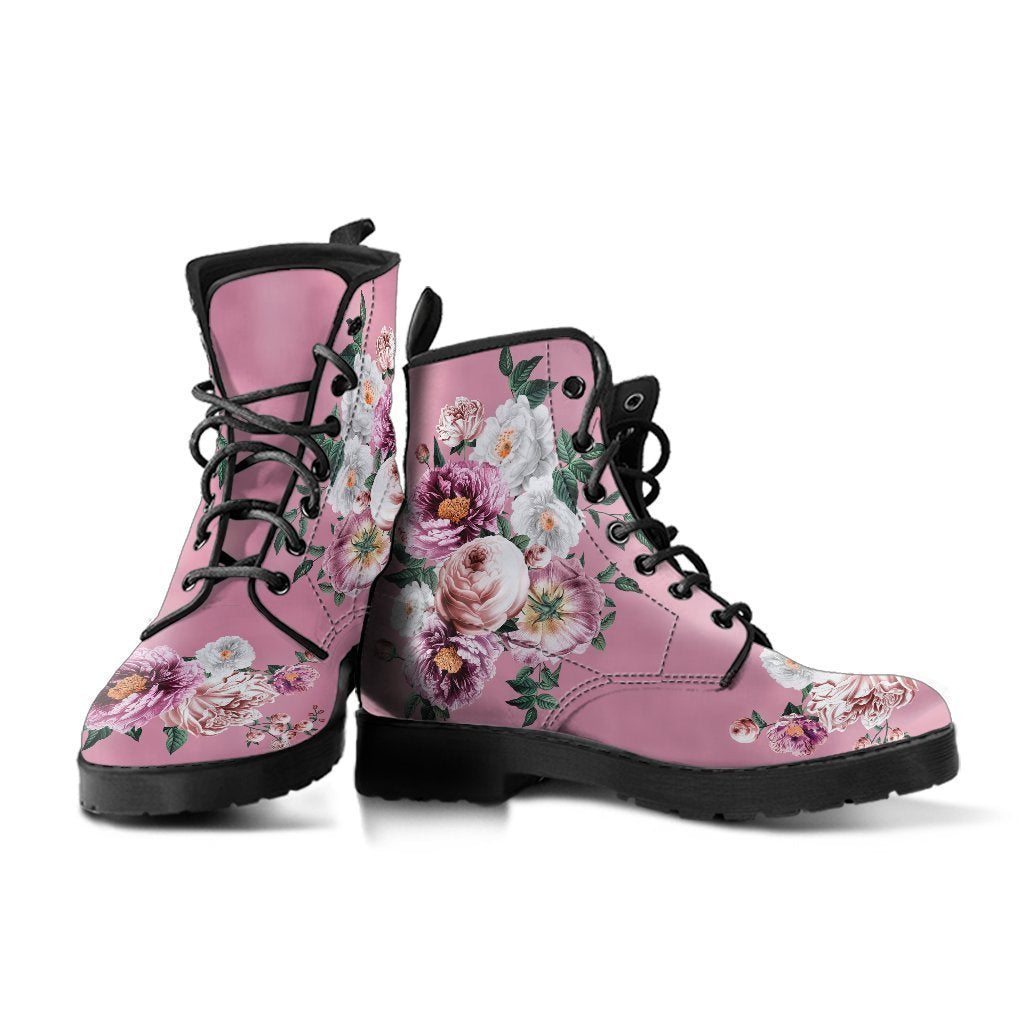 Combat Boots - Pink & White Flowers (Pink) | Blush Pink