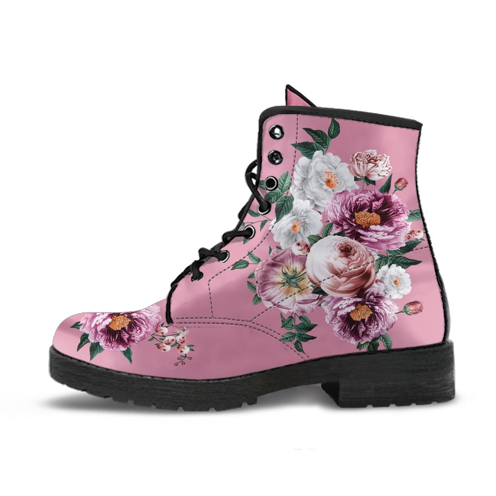 Combat Boots - Pink & White Flowers (Pink) | Blush Pink