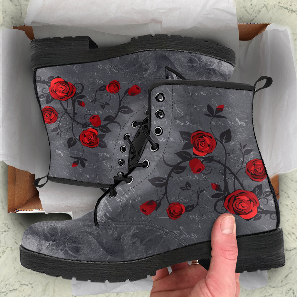 Combat Boots - Rose Art Grunge Gray | Boho Shoes Handmade