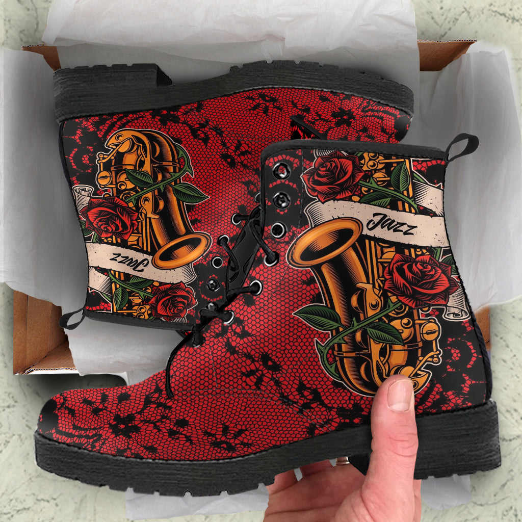Combat Boots - Saxophone Art #12 Red | Player Mood Jazz
