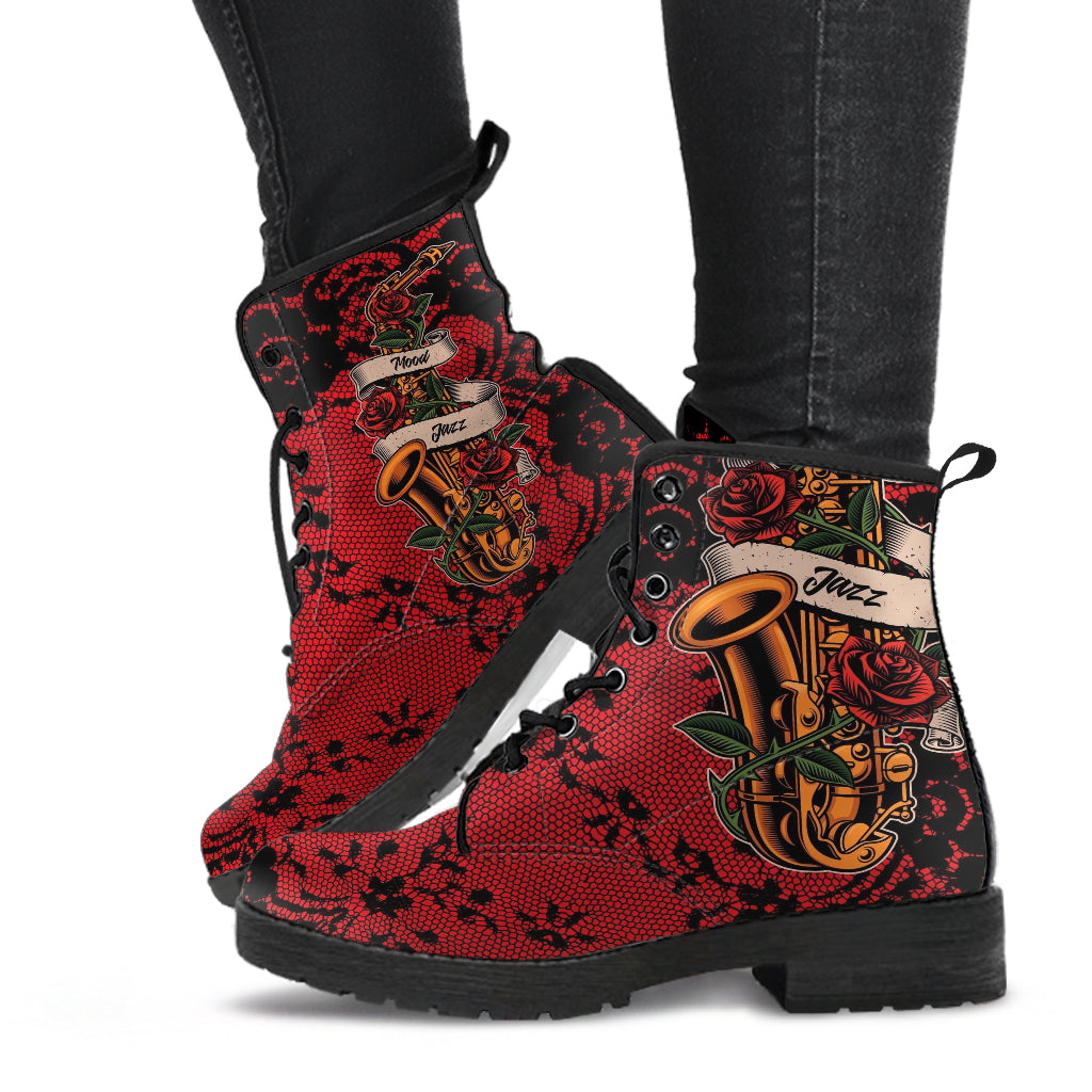 Combat Boots - Saxophone Art #12 Red | Player Mood Jazz